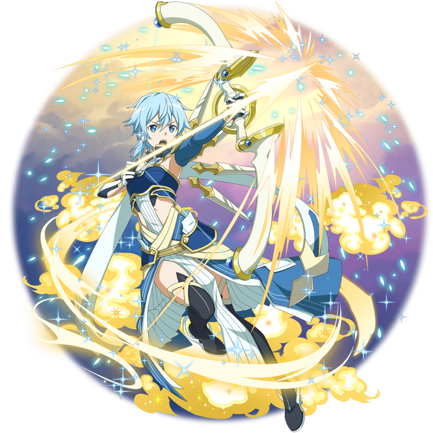 1girl, armpits, arrow_(projectile), bangs, black_footwear, blue_eyes, blue_hair, blue_sleeves