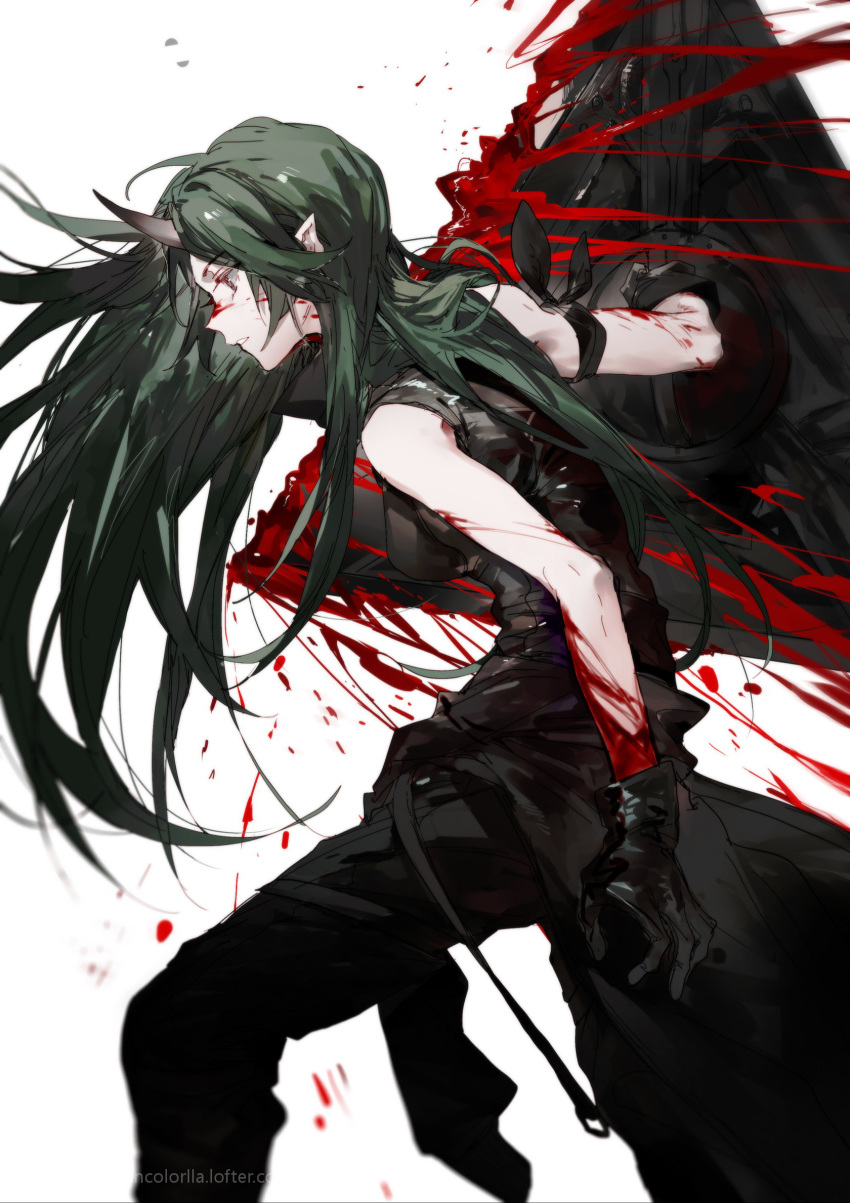 1girl, arknights, arm_ribbon, blood, blood_on_face, breasts, clothes_around_waist, from_side
