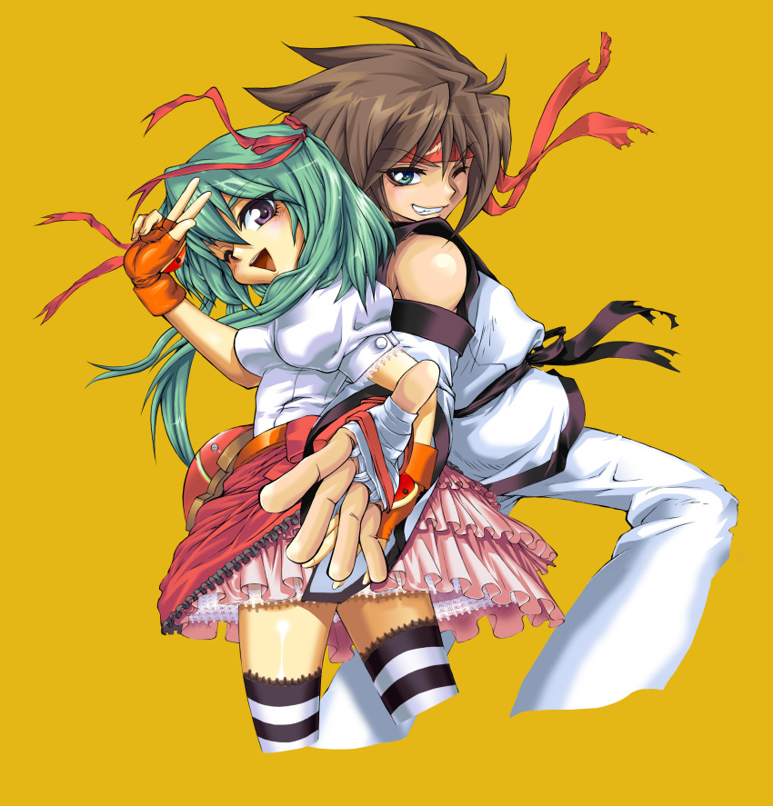 1boy, 1girl, bare_shoulders, black_belt, brown_hair, couple, detached_sleeves, green_eyes