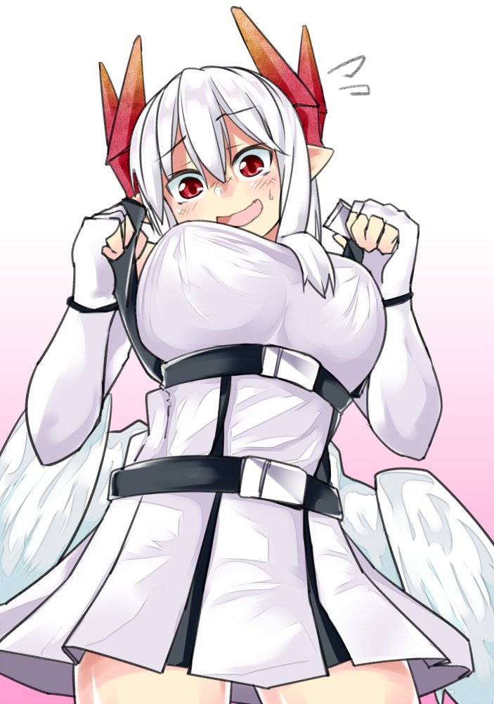 1girl, breasts, demon_girl, demon_horns, dress, elbow_gloves, feathered_wings, gloves