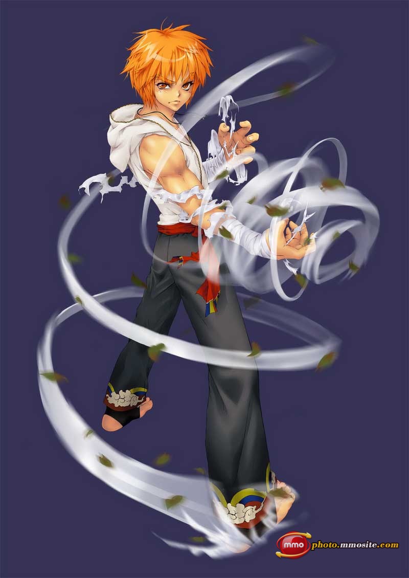 1boy, :<, bandaged_hand, black_pants, blue_background, cowboy_shot, cro_(mini_fighter), hood_down, hoodie, leaves_in_wind, looking_at_viewer, mini_fighter, muscle, necklace, official_art, orange_eyes, orange_hair, red_belt, serious, short_hair, short_sleeved_hoodie, sleeveless_shirt, solo, toeless_socks, watermark, white_shirt, wind, zipper