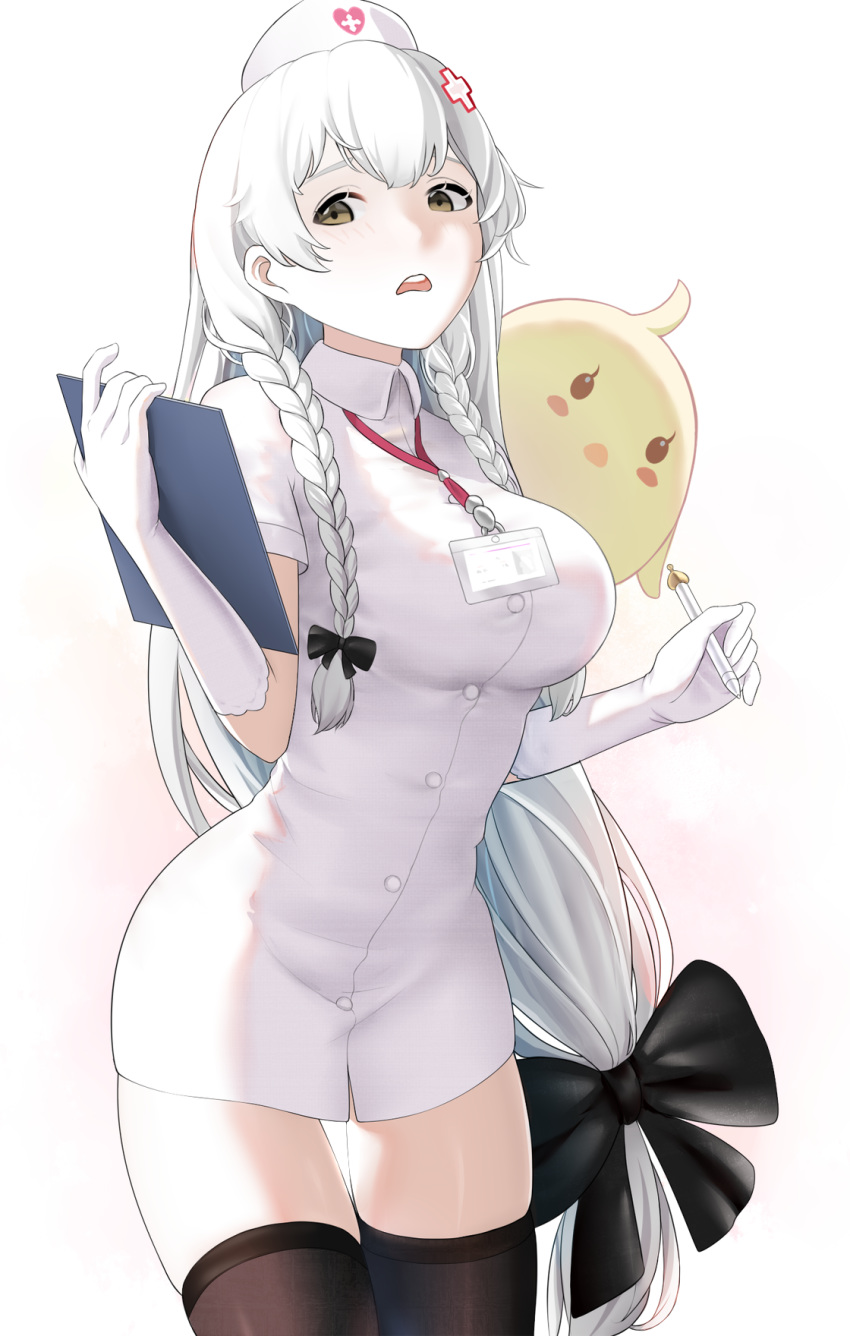 1girl, azur_lane, black_bow, black_legwear, bow, braid, breasts, collared_dress