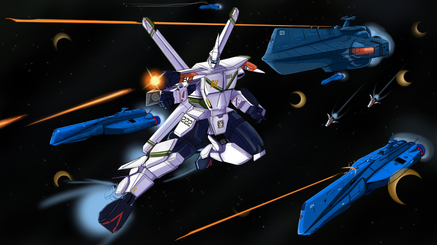 1980s_(style), antennae, auroran, battle, choujikuu_kidan_southern_cross, commentary, emblem, energy_beam, energy_cannon, energy_gun, english_commentary, explosion, fake_screenshot, fleet, highres, leelf, mecha, missile, missile_pod, official_style, oldschool, prototype, robotech, science_fiction, southern_cross, space, space_craft, starfighter, starry_background, thrusters, weapon, zero_gravity