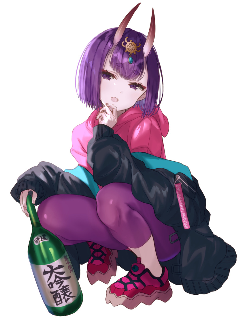 1girl, bangs, bob_cut, bottle, breasts, eyeliner, fangs, fate/grand_order, fate_(series), headpiece, highres, hood, hooded_sweater, horns, jacket, long_sleeves, looking_at_viewer, makeup, off_shoulder, oni, oni_horns, open_clothes, open_jacket, open_mouth, pants, pink_footwear, pink_sweater, purple_hair, purple_jacket, purple_pants, sake_bottle, shoes, short_hair, shuten_douji_(fate/grand_order), simple_background, skin-covered_horns, small_breasts, smile, sneakers, squatting, sweater, tight, tight_pants, under_the_same_sky, violet_eyes, white_background, yuma_(mron_322)