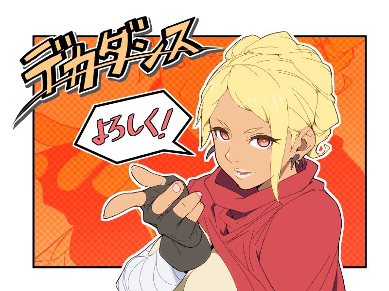 1girl, bandages, black_gloves, blonde_hair, cape, commentary_request, dark_skin, decadence_(anime)