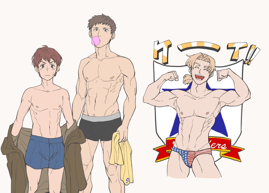 3boys, abs, aku2, alisa_(girls_und_panzer), blonde_hair, bubble_blowing, chewing_gum, emblem, flexing, genderswap, genderswap_(ftm), girls_und_panzer, kay_(girls_und_panzer), male_swimwear, multiple_boys, muscle, naomi_(girls_und_panzer), navel, open_mouth, ponytail, pose, saunders_(emblem), short_hair, swim_trunks, swimwear, toned