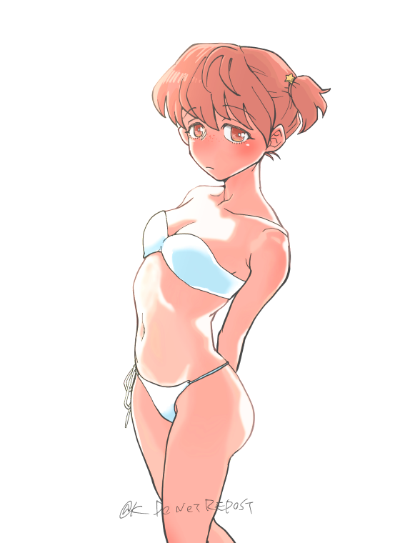 1girl, aku2, alisa_(girls_und_panzer), bangs, bikini, bikini_day, blush, collarbone, eyebrows_visible_through_hair, freckles, girls_und_panzer, looking_at_viewer, navel, short_hair, short_twintails, simple_background, solo, swimsuit, twintails, white_background