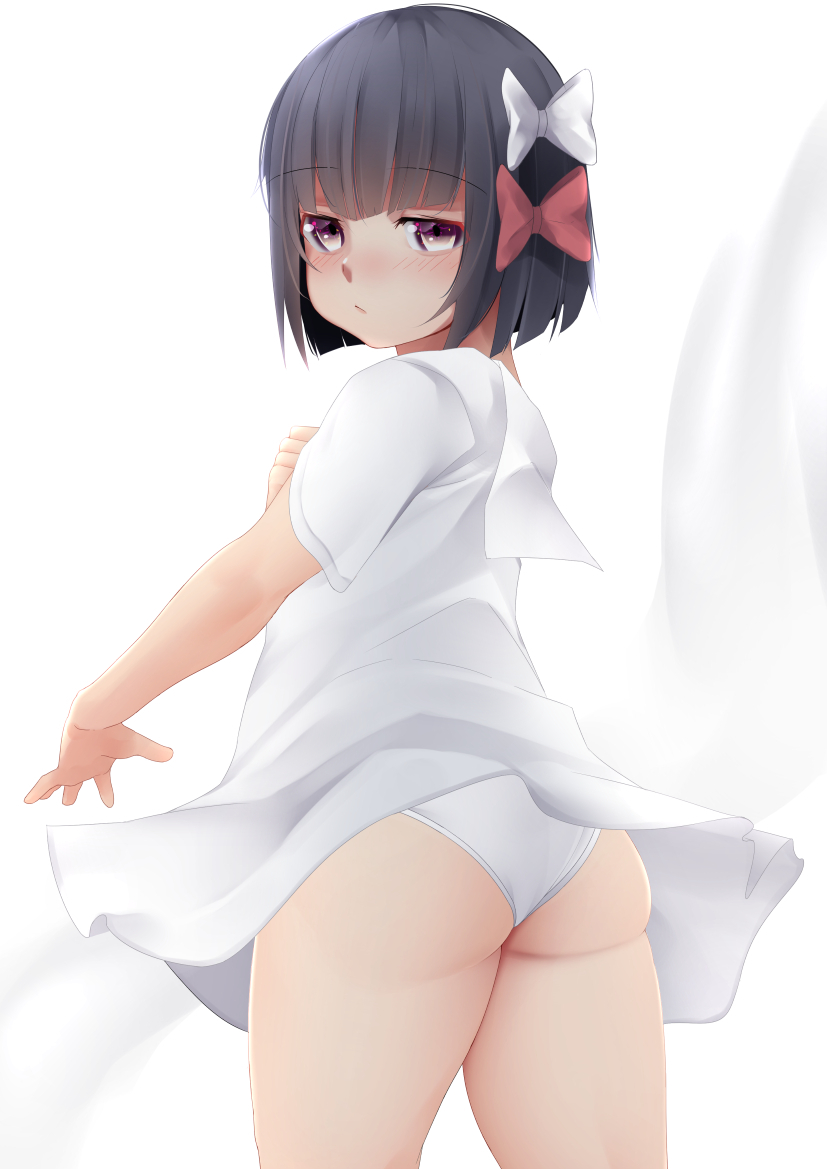 1girl, ass, bangs, black_hair, blunt_bangs, blush, bow, dress