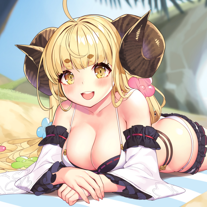 1girl, ahoge, anila_(granblue_fantasy), bikini, blonde_hair, blush, breasts, draph