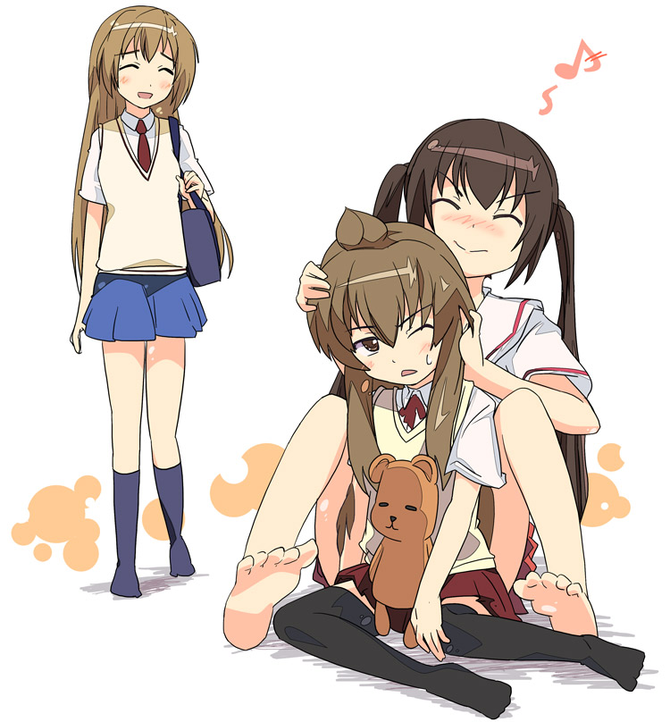 barefoot, brown_eyes, brown_hair, closed_eyes, feet, fujioka-kuma, ixy, minami-ke, minami_chiaki, minami_haruka, minami_kana, school_uniform, socks, soles, sweater_vest, toes, vest