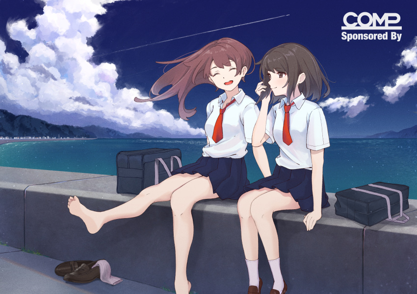 2girls, :d, absurdres, aircraft, airplane, brown_eyes, brown_hair, closed_eyes