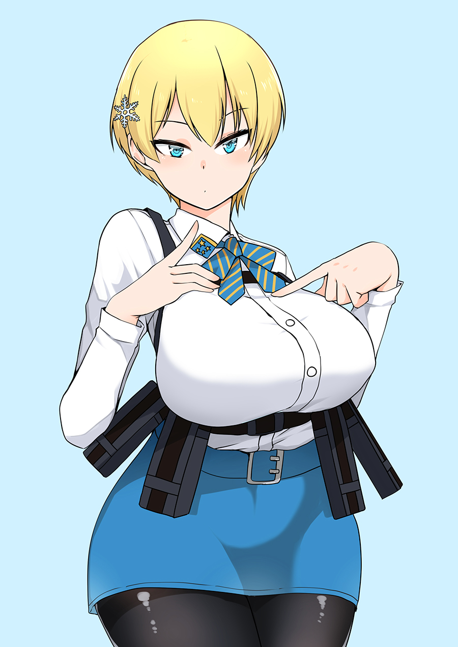 1girl, bangs, belt, black_legwear, blonde_hair, blue_background, blue_belt, blue_eyes