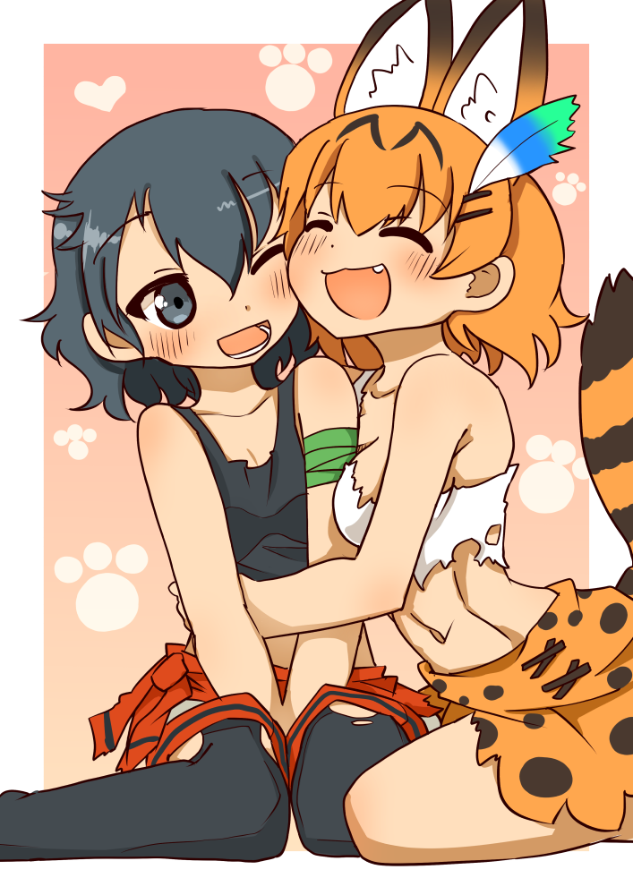 2girls, 370ml, :3, :d, ;d, animal_ears, bandaged_arm, bandages, bangs, black_eyes, black_hair, black_legwear, black_shirt, blonde_hair, breasts, closed_eyes, clothes_around_waist, commentary_request, dress, eyebrows_visible_through_hair, fang, feathers, hair_feathers, happy, hug, kaban_(kemono_friends), kemono_friends, leaning_forward, looking_at_another, medium_breasts, miniskirt, multiple_girls, navel, no_hat, no_headwear, one_eye_closed, open_mouth, outside_border, pantyhose, paw_print, red_shirt, serval_(kemono_friends), serval_ears, serval_print, serval_tail, shirt, shirt_around_waist, short_hair, shorts, sitting, skirt, smile, striped_tail, tail, tank_top, torn_clothes, torn_legwear, torn_shirt, wariza, white_shirt, yellow_dress, yuri