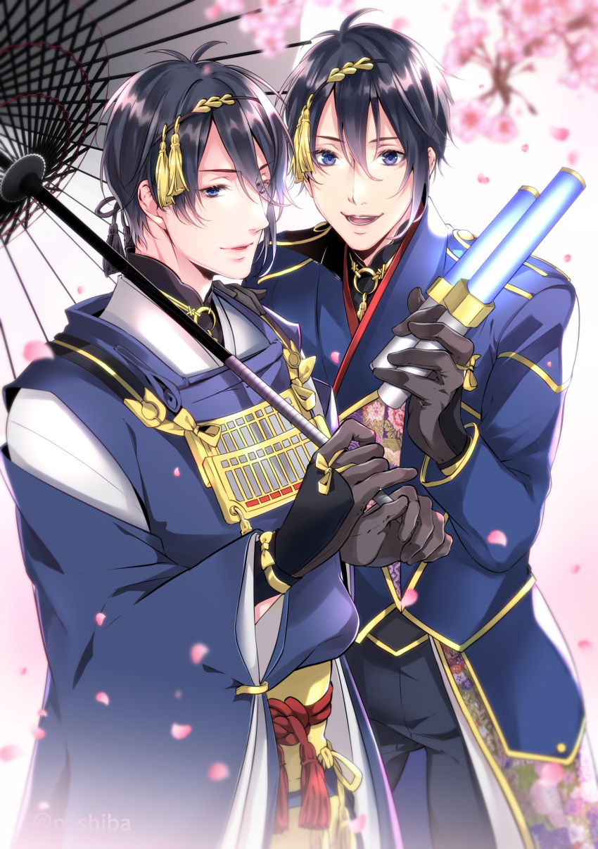 2boys, absurdres, black_gloves, black_hair, black_pants, blue_eyes, blurry, blurry_background