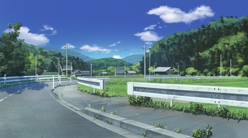 absurdres, blue_sky, building, clouds, commentary_request, day, derivative_work, field, forest, gingham_vest, grass, guard_rail, highres, house, landscape, mirror, mountain, nature, no_humans, original, outdoors, power_lines, road, rural, scenery, sidewalk, sky, summer, tree