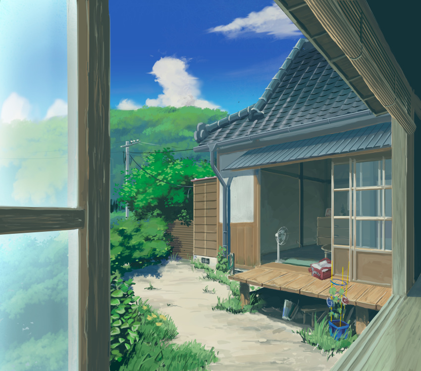 absurdres, blinds, blue_sky, building, bush, chest_of_drawers, clouds, commentary_request