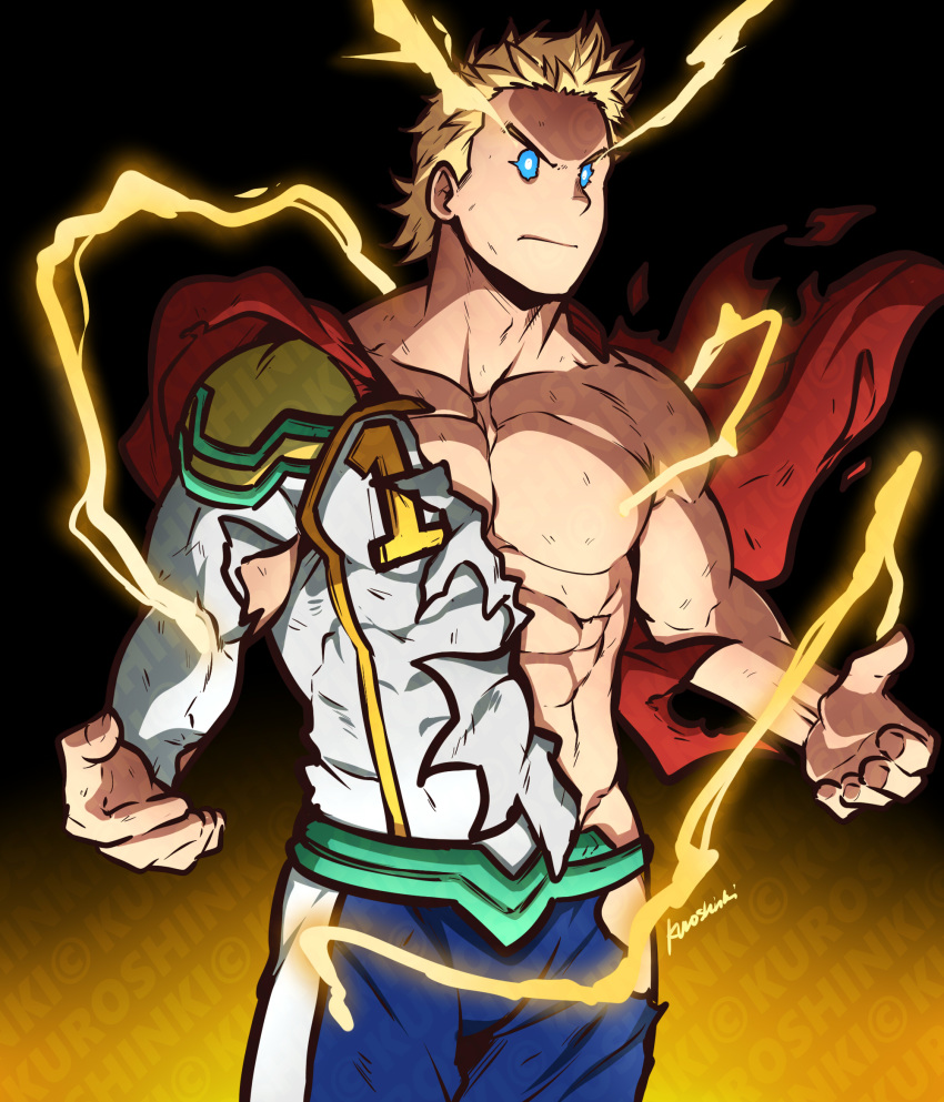 1boy, abs, alternate_eye_color, artofkuroshinki, bara, blonde_hair, blue_eyes, bodysuit