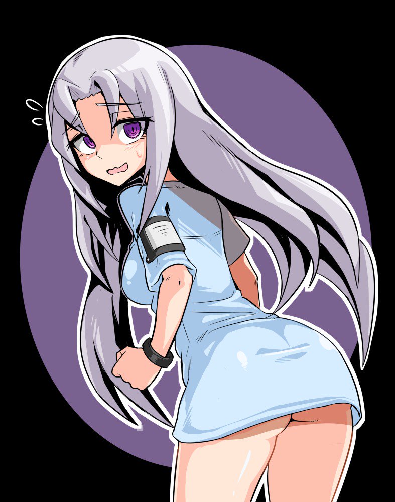 1girl, ass, azure_striker_gunvolt, breasts, cougar1404, dress, elise_(gunvolt), long_hair, looking_at_viewer, open_mouth, solo, violet_eyes, white_hair