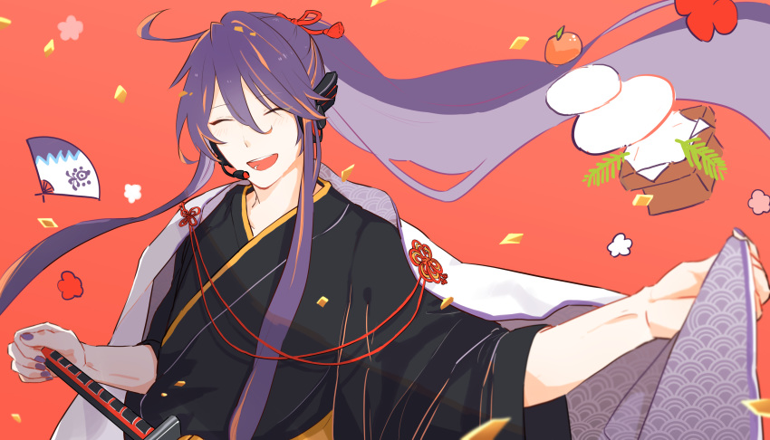 1boy, absurdres, black_kimono, cherry_blossoms, cloak, closed_eyes, commentary, fan