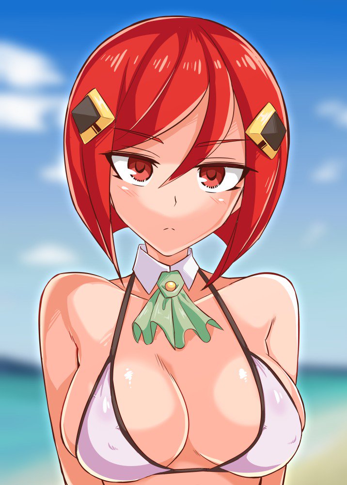 1girl, azure_striker_gunvolt, azure_striker_gunvolt_2, beach, breasts, closed_mouth, clouds, cougar1404