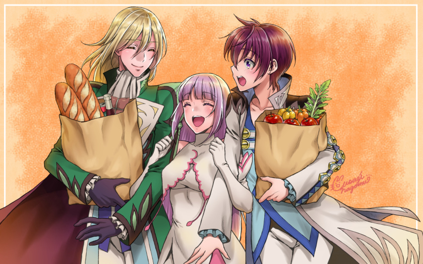 1girl, 2boys, :d, asbel_lhant, bag, baguette, bottle, bread