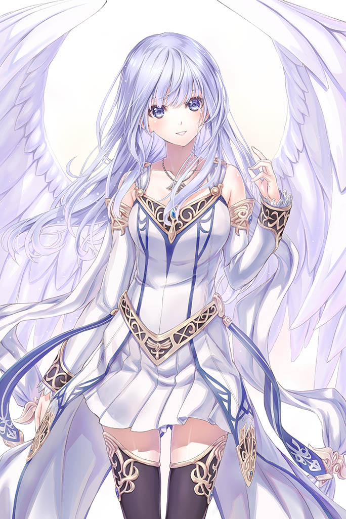 1girl, angel_wings, black_legwear, blue_eyes, blush, breasts, commentary, cowboy_shot, dress, eyelashes, jewelry, long_hair, long_sleeves, looking_at_viewer, medium_breasts, necklace, off-shoulder_dress, off_shoulder, reah_(ys), silver_hair, simple_background, smile, solo, taue_shunsuke, thigh-highs, thighs, white_background, white_dress, wings, ys, ys_origin, zettai_ryouiki