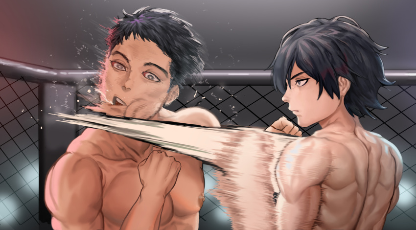 2boys, abs, absurdres, battle, black_hair, blurry, blurry_background, boxing
