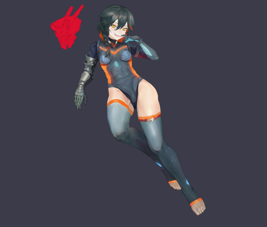 1girl, absurdres, armor, barefoot, black_hair, braid, clawed_gauntlets, covered_navel
