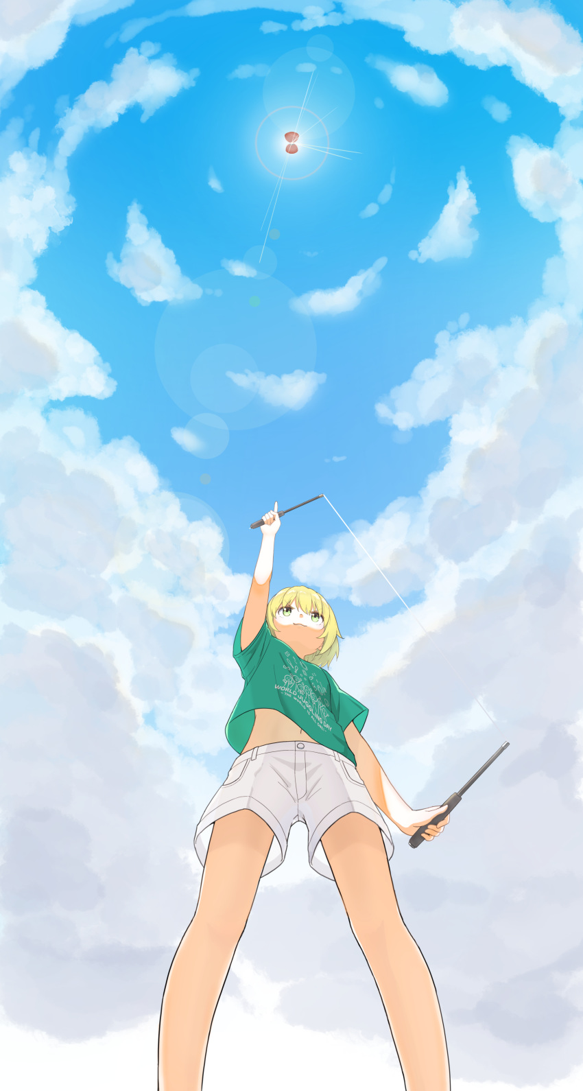 1girl, absurdres, arm_up, blonde_hair, chintara10, closed_mouth, clouds, diabolo
