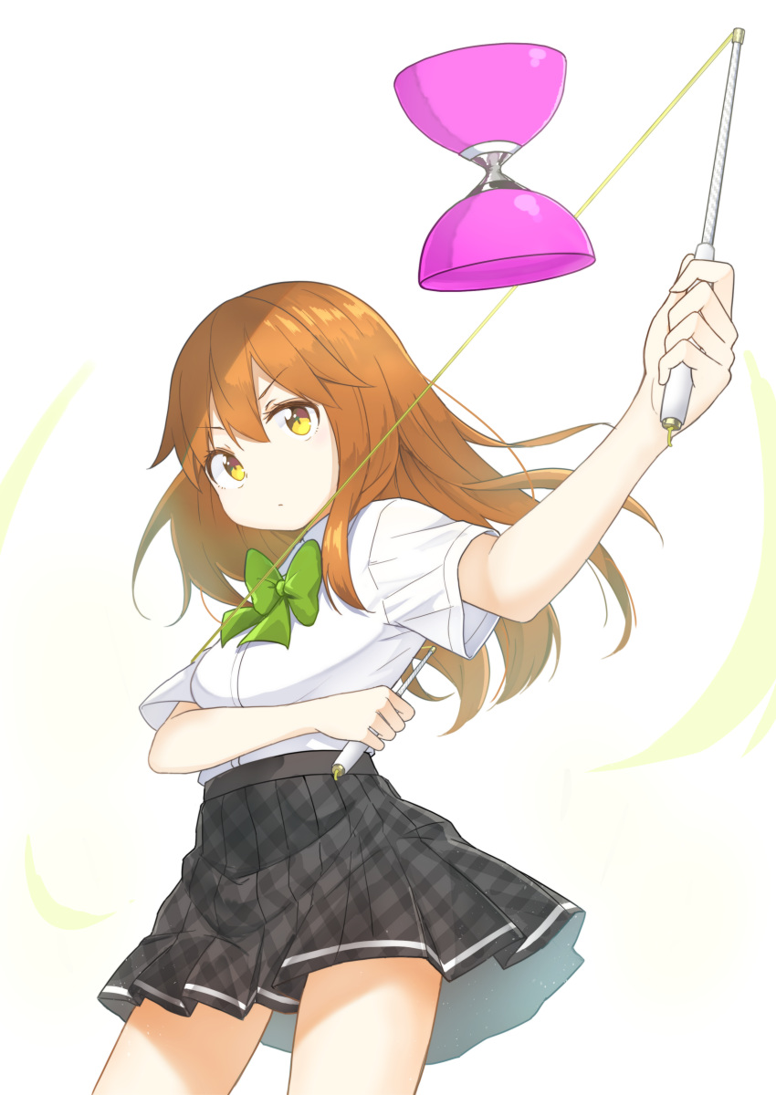 1girl, absurdres, black_skirt, bow, bowtie, brown_eyes, brown_hair, chintara10, collared_shirt, cowboy_shot, diabolo, green_neckwear, highres, juggling, long_hair, miniskirt, original, pleated_skirt, shirt, shirt_tucked_in, short_sleeves, skirt, solo, white_background, white_shirt