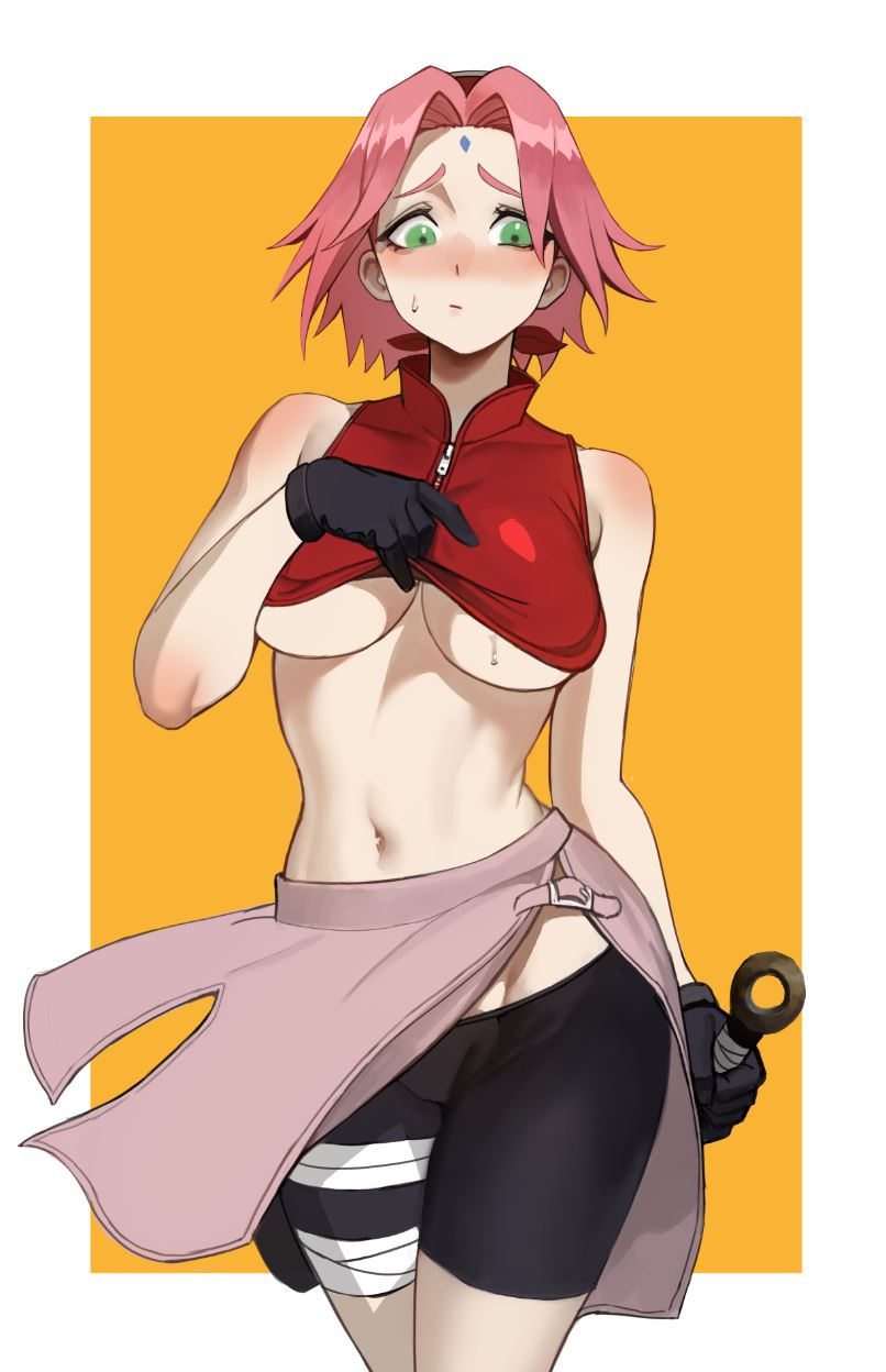 1girl, bandaged_leg, bandages, bare_shoulders, black_gloves, blush, breasts, closed_mouth