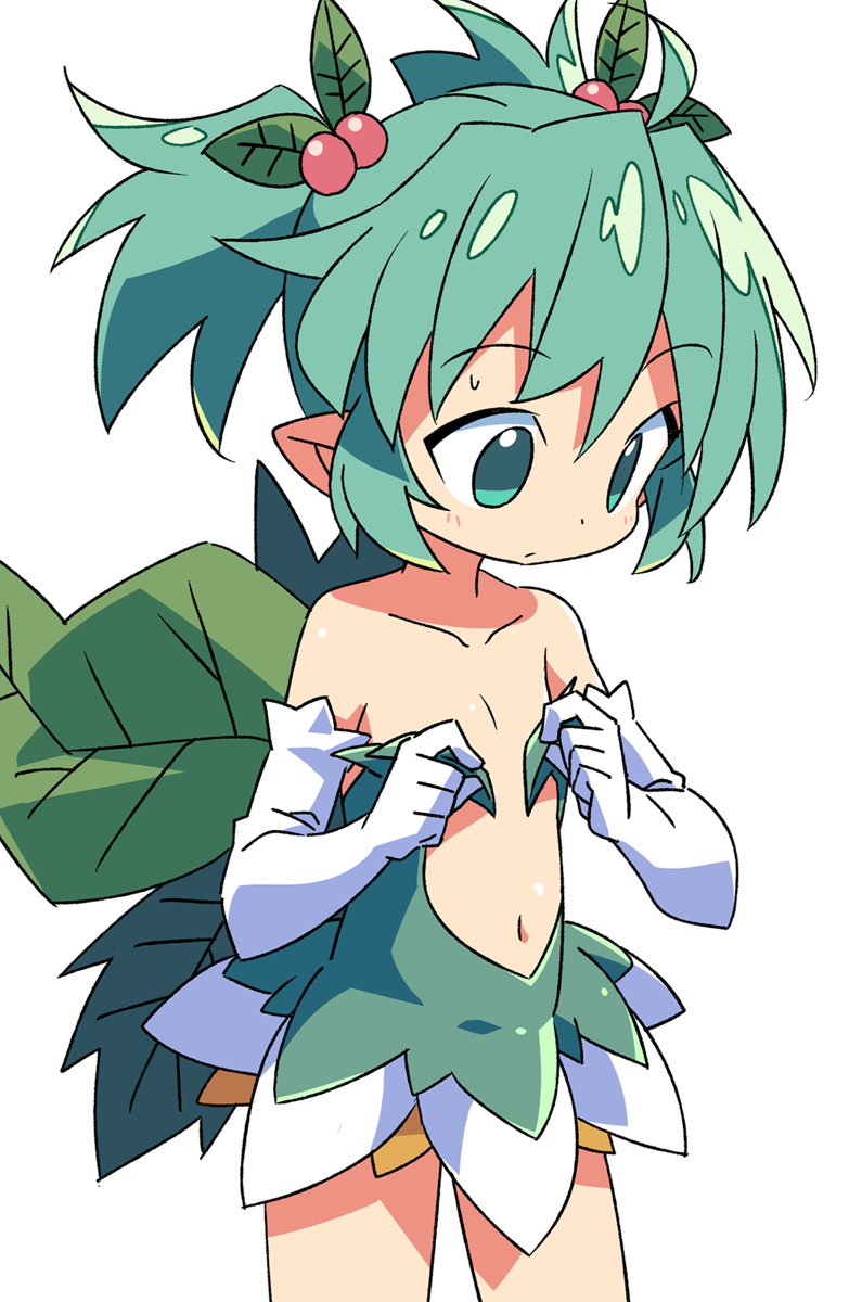 1girl, adjusting_clothes, ahoge, cherry_hair_ornament, commentary_request, cowboy_shot, dress, elbow_gloves