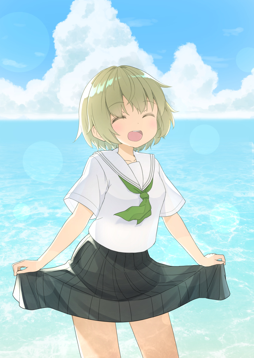 1girl, absurdres, black_skirt, blonde_hair, chintara10, closed_eyes, clouds, cowboy_shot