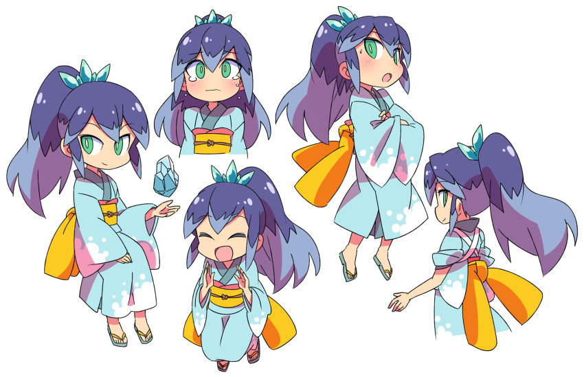 1girl, :d, :o, blue_hair, blue_kimono, blush, closed_eyes, crossed_arms