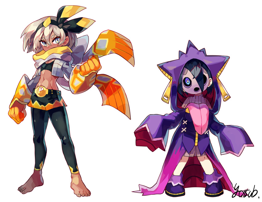 1boy, 1girl, absurdres, bangs, barefoot, black_hair, black_hairband, clenched_hands, commentary_request, cosplay, full_body, gen_1_pokemon, gengar, gengar_(cosplay), grey_hair, gym_leader, hair_between_eyes, hairband, highres, machamp, machamp_(cosplay), mask, onion_(pokemon), pokemon, pokemon_(game), pokemon_swsh, saitou_(pokemon), short_hair, signature, simple_background, sleeves_past_wrists, toes, tvzyon, white_background