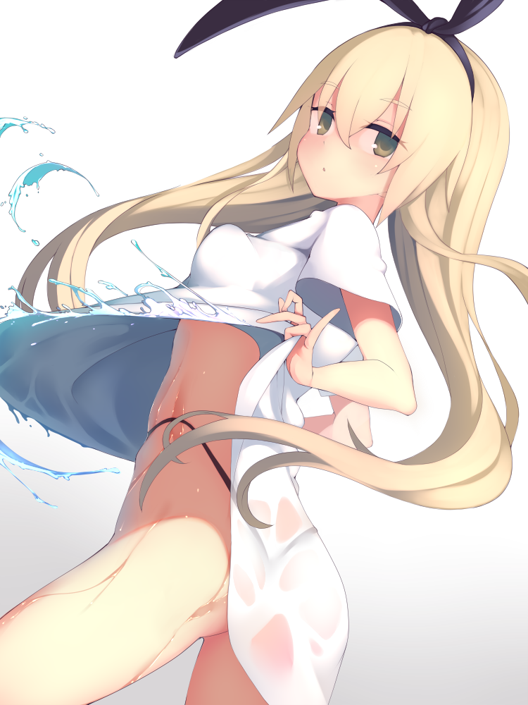 1girl, alternate_costume, ass, black_hairband, black_panties, blonde_hair, blush, breasts