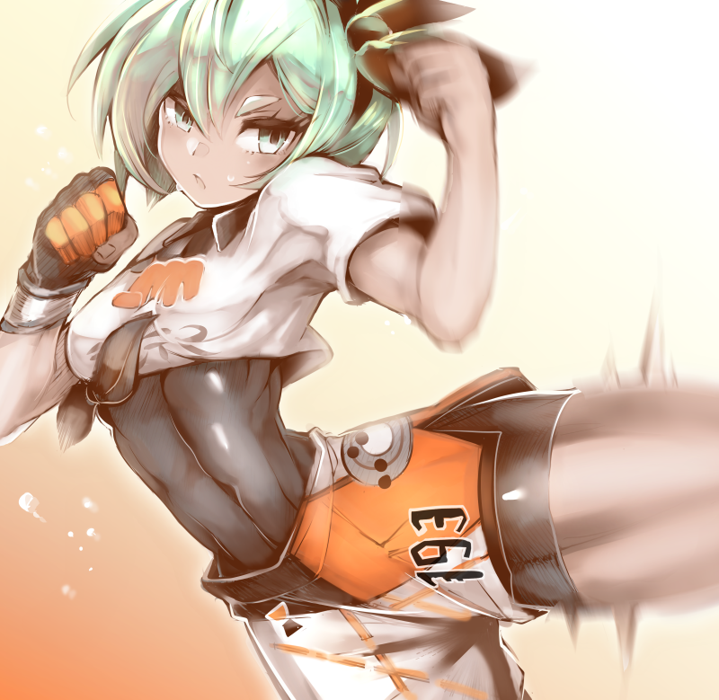 1girl, alternate_eye_color, alternate_hair_color, bangs, black_bodysuit, black_hairband, bodysuit, bodysuit_under_clothes, breasts, collared_shirt, commentary_request, covered_navel, dynamax_band, eyelashes, gloves, green_eyes, green_hair, gym_leader, hair_between_eyes, hairband, hands_up, motion_blur, panda=hiro, pokemon, pokemon_(game), pokemon_swsh, print_shirt, print_shorts, saitou_(pokemon), shirt, short_hair, short_sleeves, shorts, single_glove, solo, tied_shirt