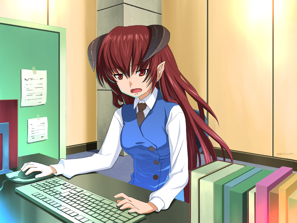 demon_girl, horns, office_lady, okina_sai, okina_sen, original, pointy_ears, red_eyes
