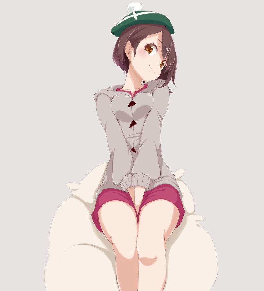 1girl, absurdres, bangs, between_legs, blush, brown_eyes, brown_hair, cardigan