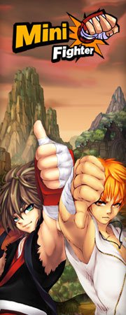 2boys, bandaged_hands, black_headband, black_shirt, brown_hair, cro_(mini_fighter), fist, fist_logo
