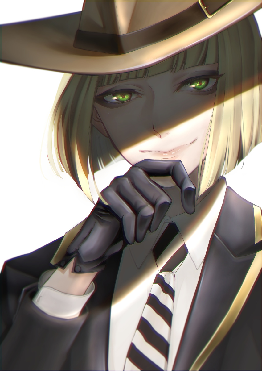 1boy, absurdres, black_gloves, blonde_hair, brown_headwear, gloves, green_eyes, hat