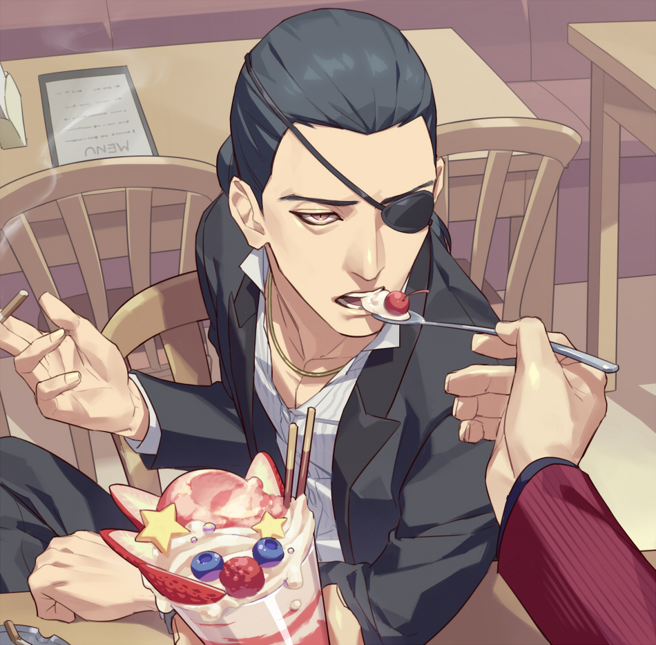 2boys, bags_under_eyes, black_eyepatch, black_hair, black_jacket, blueberry, brown_eyes, chain