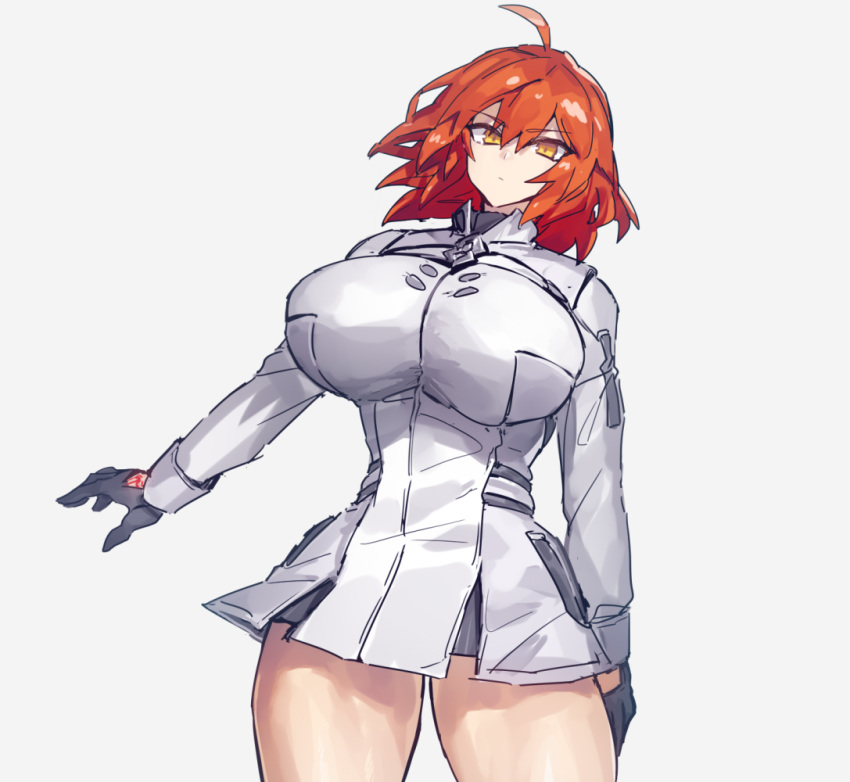 1girl, ahoge, alternate_breast_size, black_gloves, breasts, command_spell, expressionless, fate/grand_order, fate_(series), fujimaru_ritsuka_(female), gloves, glowing, glowing_hand, huge_breasts, looking_at_viewer, lostbelt_op2_uniform, medium_hair, melon22, orange_hair, white_background, yellow_eyes