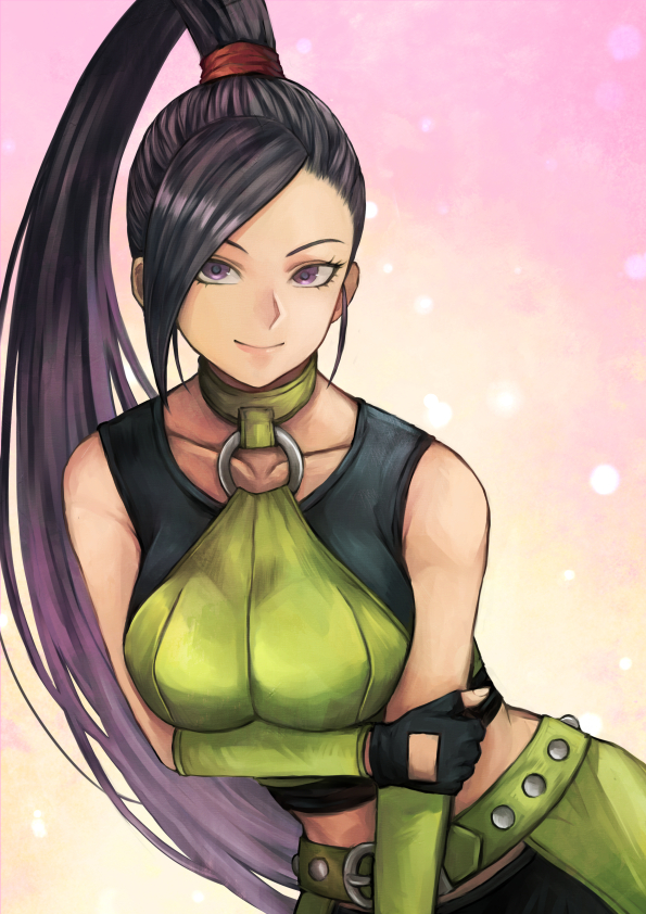 1girl, arm_warmers, black_gloves, breasts, choker, dragon_quest, dragon_quest_xi, facing_viewer, fingerless_gloves, gloves, green_choker, leaning_forward, long_hair, looking_at_viewer, martina_(dq11), medium_breasts, midriff, ponytail, smile, solo, usui_natrium, violet_eyes