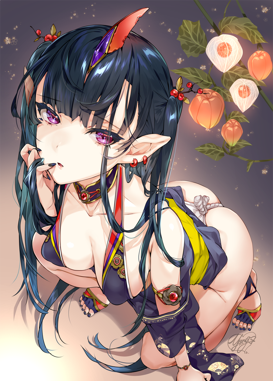1girl, ass, bare_shoulders, breasts, chinese_lantern_(plant), collarbone, commentary_request, covered_nipples