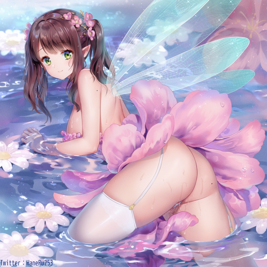 1girl, ass, blush, breasts, brown_hair, dress, eyebrows_visible_through_hair, fairy, fairy_wings, flower, flower_on_liquid, garter_belt, green_eyes, hair_between_eyes, hair_flower, hair_ornament, haneru, highres, looking_at_viewer, medium_breasts, medium_hair, original, panties, partially_submerged, pink_dress, pointy_ears, smile, solo, thigh-highs, twitter_username, two_side_up, underwear, water, wet, white_legwear, white_panties, wings