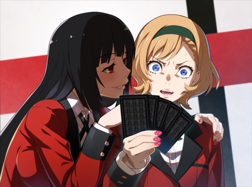 2girls, black_hair, blonde_hair, blue_eyes, card, commentary, hairband, hime_cut