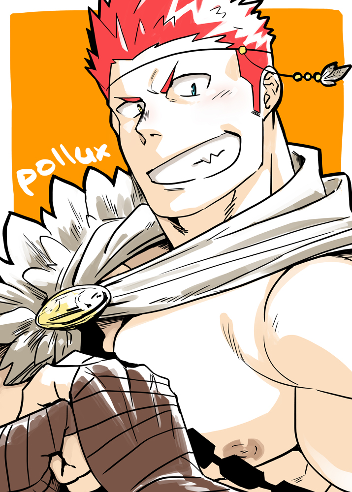 1boy, bara, blush, cape, character_name, chest, green_eyes, hair_ornament