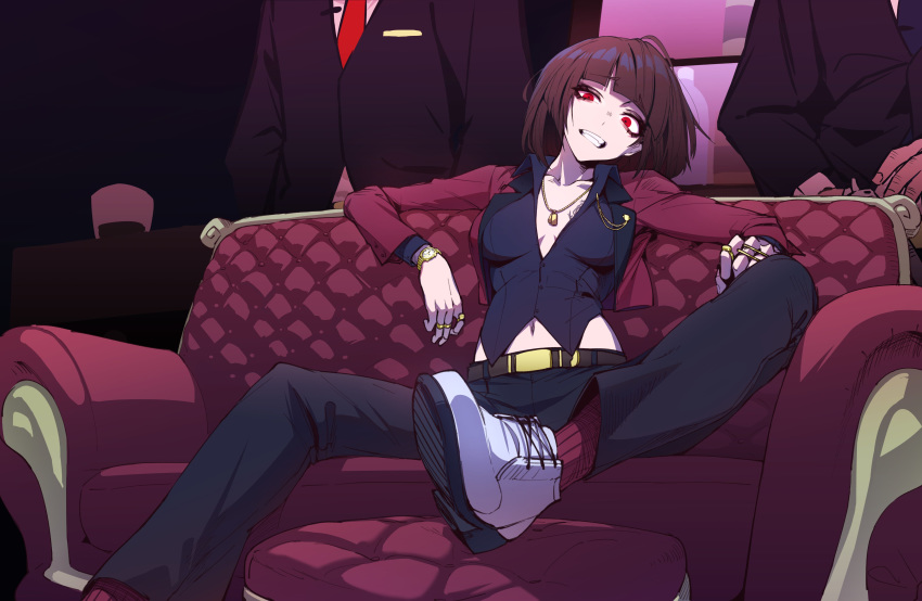 1girl, 2boys, absurdres, bangs, black_jacket, black_pants, black_vest, blunt_bangs