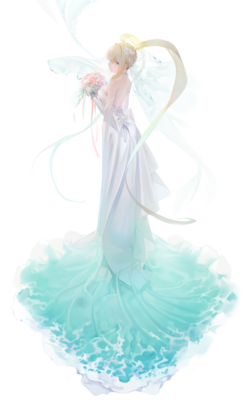 1girl, absurdres, backless_dress, backless_outfit, bangs, bare_shoulders, blonde_hair, blue_eyes